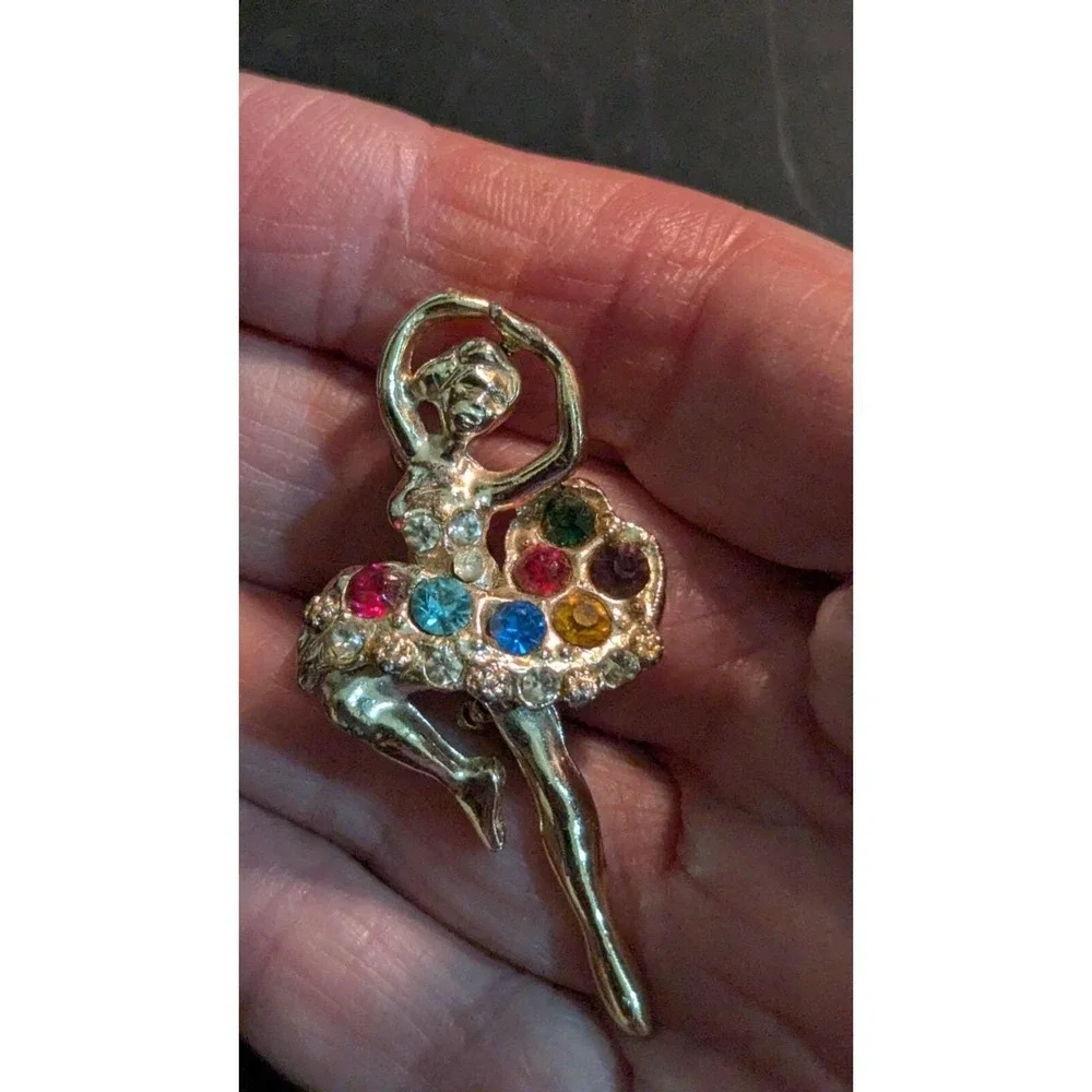 Vintage Gold Tone Ballerina Dancer Brooch Multi Color Rhinestone Tutu‎ Pin 2
